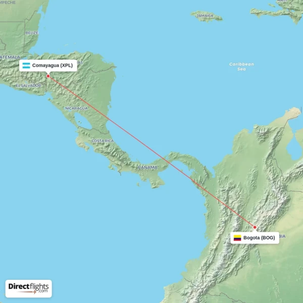 Comayagua - Bogota direct flight map