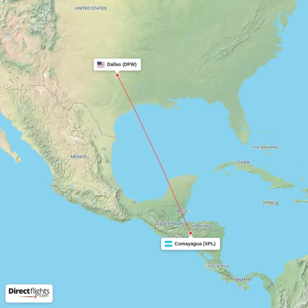Comayagua - Dallas direct flight map