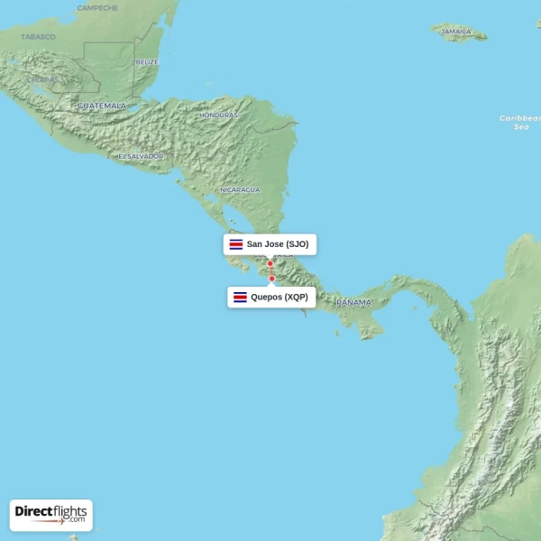 Quepos - San Jose direct flight map
