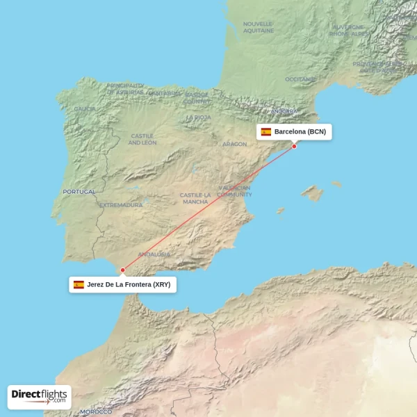 Jerez De La Frontera - Barcelona direct flight map