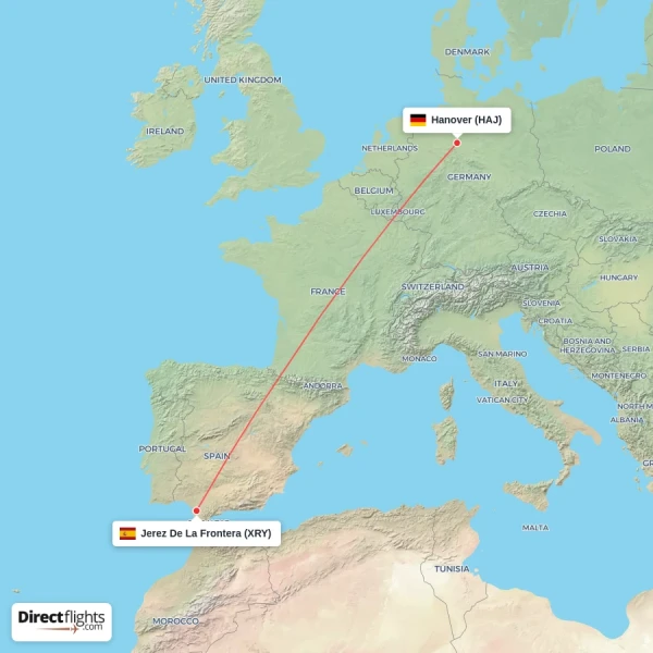Jerez De La Frontera - Hanover direct flight map