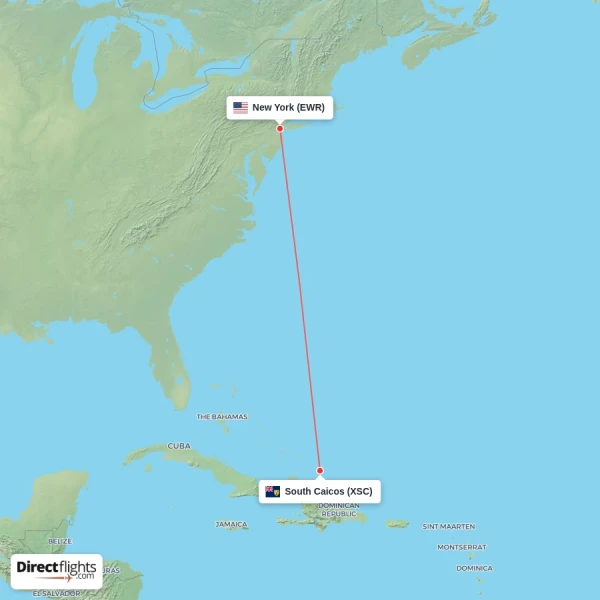 South Caicos - New York direct flight map