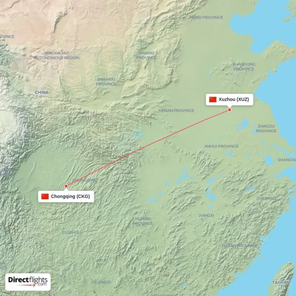 Xuzhou - Chongqing direct flight map