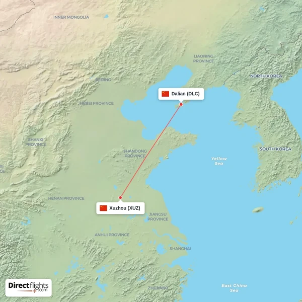 Xuzhou - Dalian direct flight map