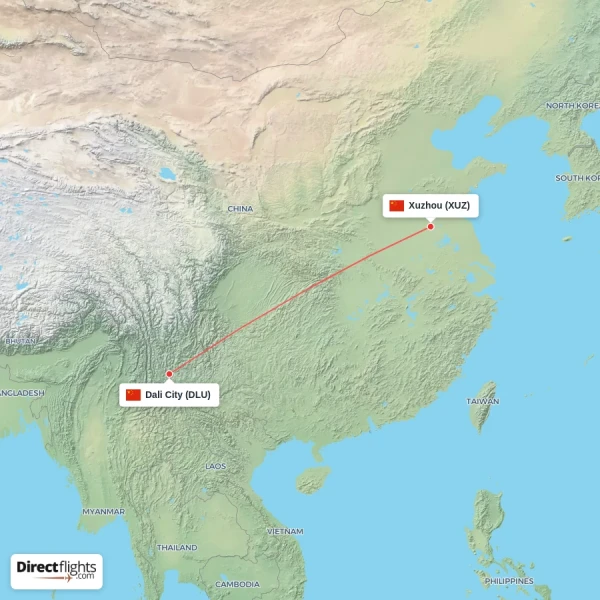 Xuzhou - Dali City direct flight map