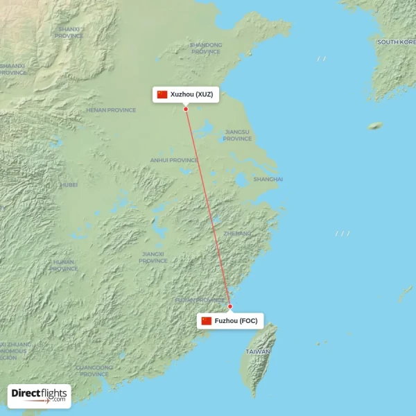 Xuzhou - Fuzhou direct flight map