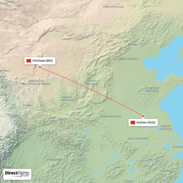 Xuzhou - Yinchuan direct flight map
