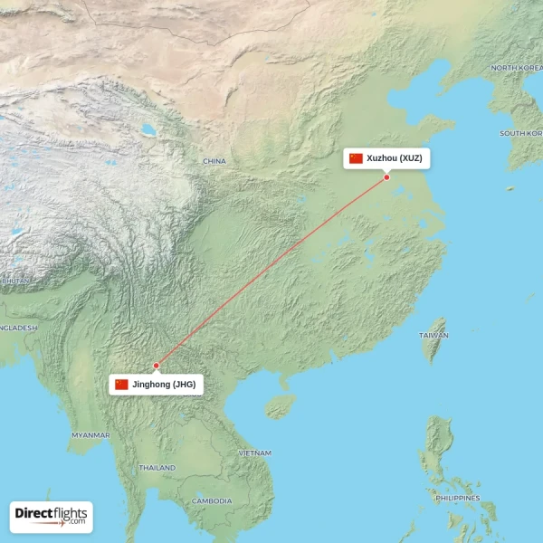 Xuzhou - Jinghong direct flight map
