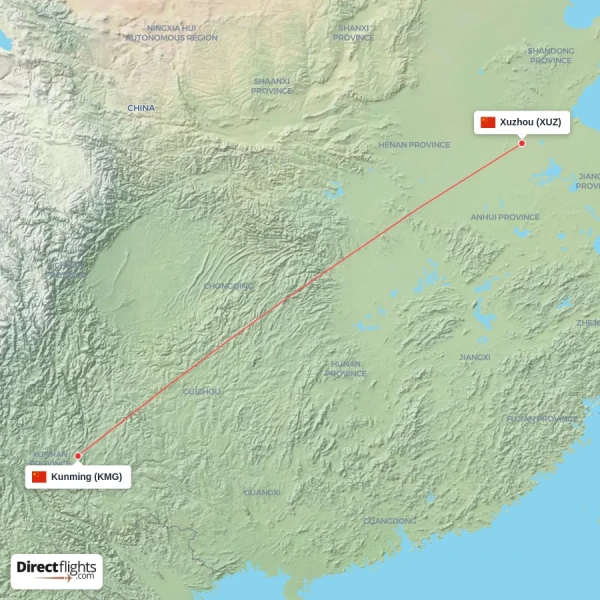 Xuzhou - Kunming direct flight map