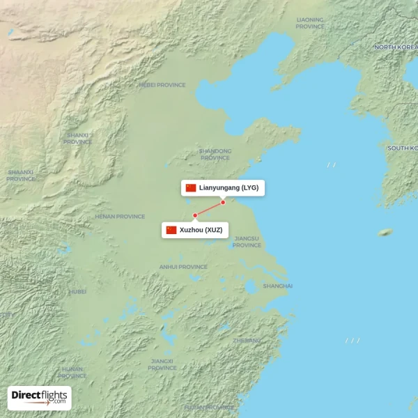 Xuzhou - Lianyungang direct flight map