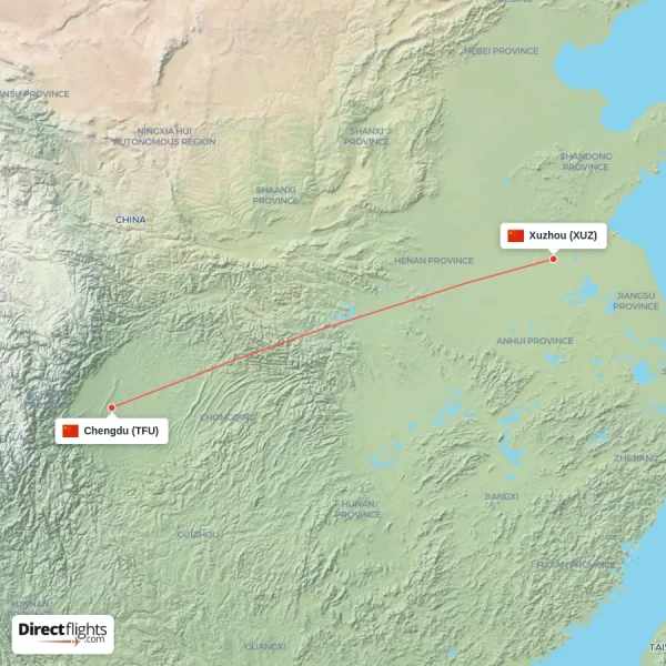 Xuzhou - Chengdu direct flight map
