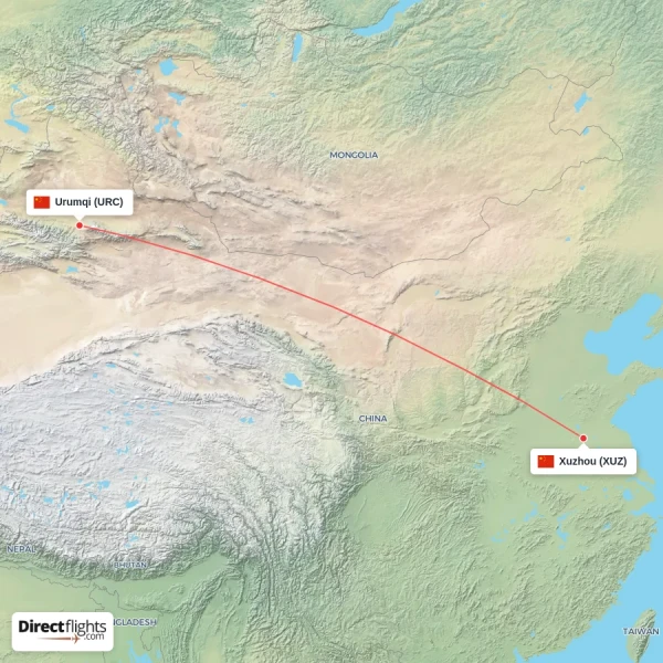 Xuzhou - Urumqi direct flight map