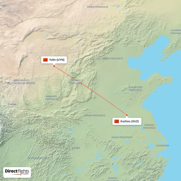 Xuzhou - Yulin direct flight map
