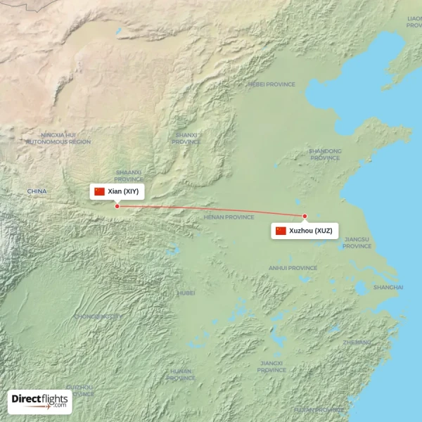 Xuzhou - Xian direct flight map