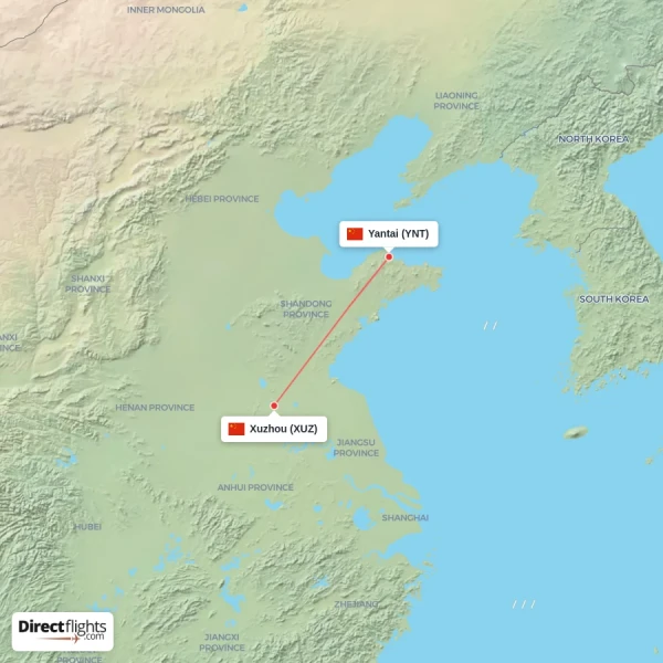 Xuzhou - Yantai direct flight map