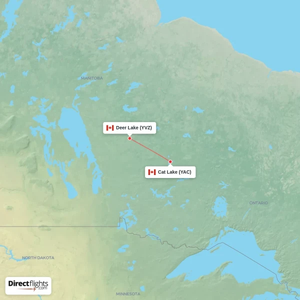 Cat Lake - Deer Lake direct flight map