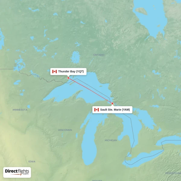 Sault Ste. Marie - Thunder Bay direct flight map