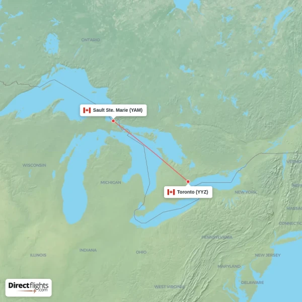 Sault Ste. Marie - Toronto direct flight map