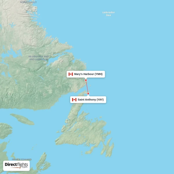 Saint Anthony - Mary's Harbour direct flight map