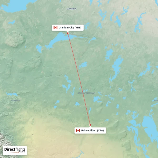 Uranium City - Prince Albert direct flight map
