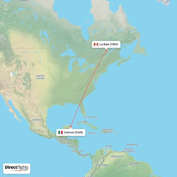 La Baie - Cancun direct flight map