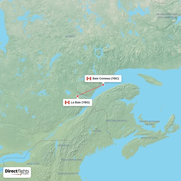 La Baie - Baie Comeau direct flight map