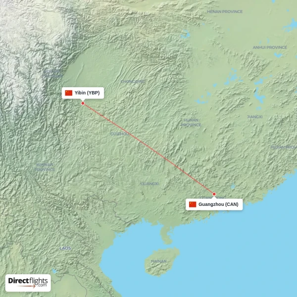 Yibin - Guangzhou direct flight map