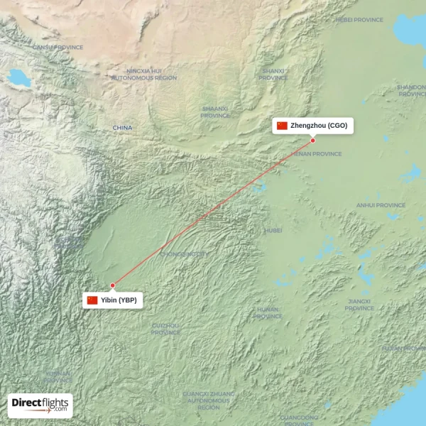 Yibin - Zhengzhou direct flight map