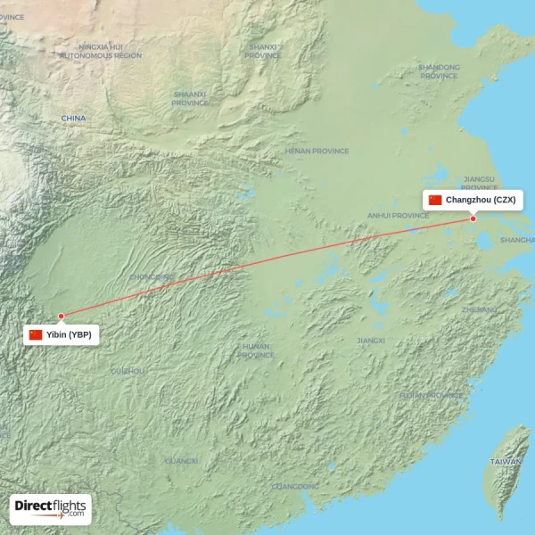Yibin - Changzhou direct flight map