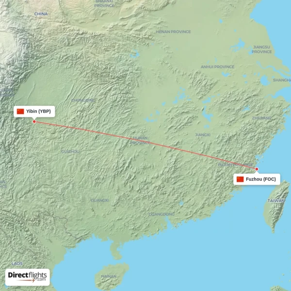 Yibin - Fuzhou direct flight map