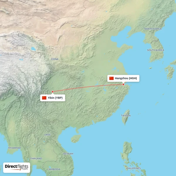 Yibin - Hangzhou direct flight map