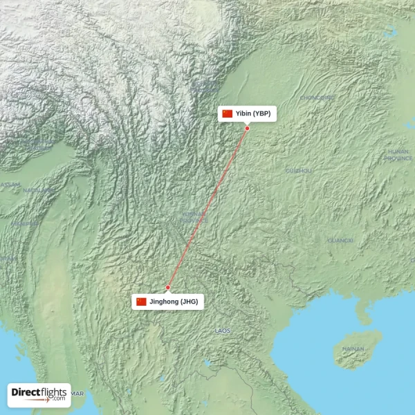 Yibin - Jinghong direct flight map