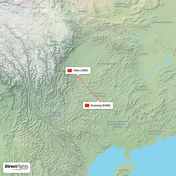 Yibin - Guiyang direct flight map