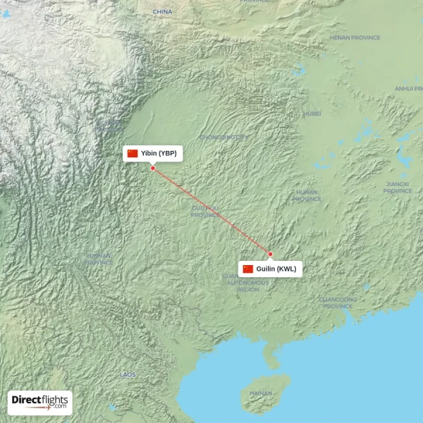 Yibin - Guilin direct flight map