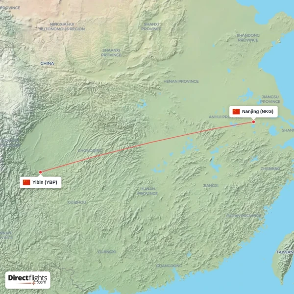 Yibin - Nanjing direct flight map