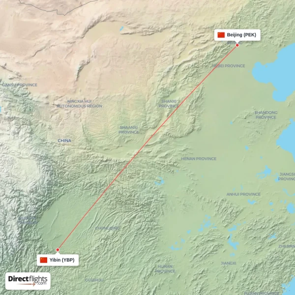 Yibin - Beijing direct flight map