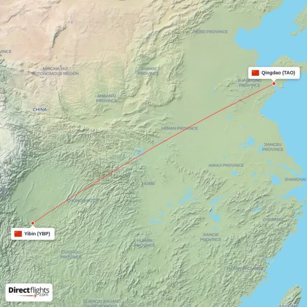 Yibin - Qingdao direct flight map