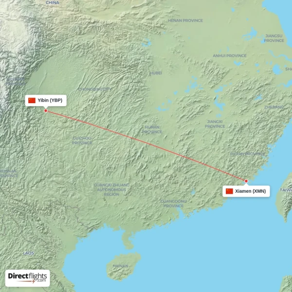 Yibin - Xiamen direct flight map