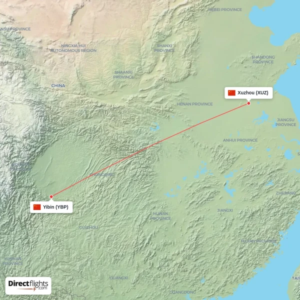 Yibin - Xuzhou direct flight map