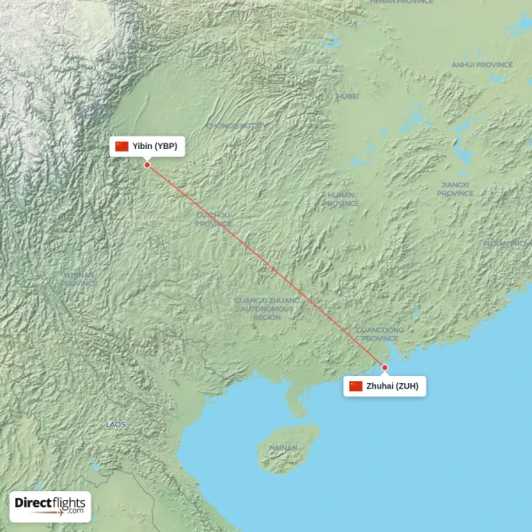 Yibin - Zhuhai direct flight map