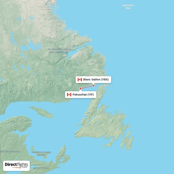 Blanc Sablon - Pakuashipi direct flight map