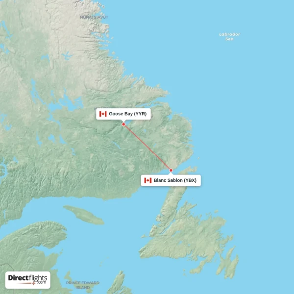 Blanc Sablon - Goose Bay direct flight map