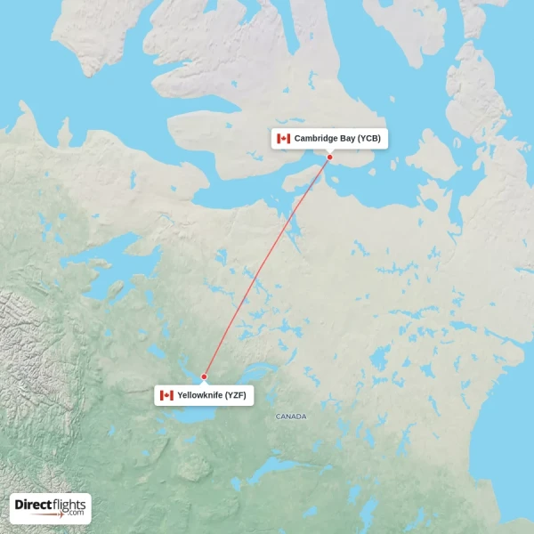 Cambridge Bay - Yellowknife direct flight map