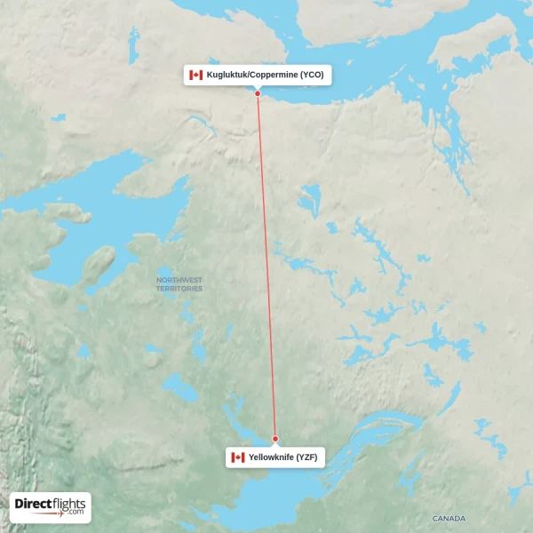 Kugluktuk/Coppermine - Yellowknife direct flight map