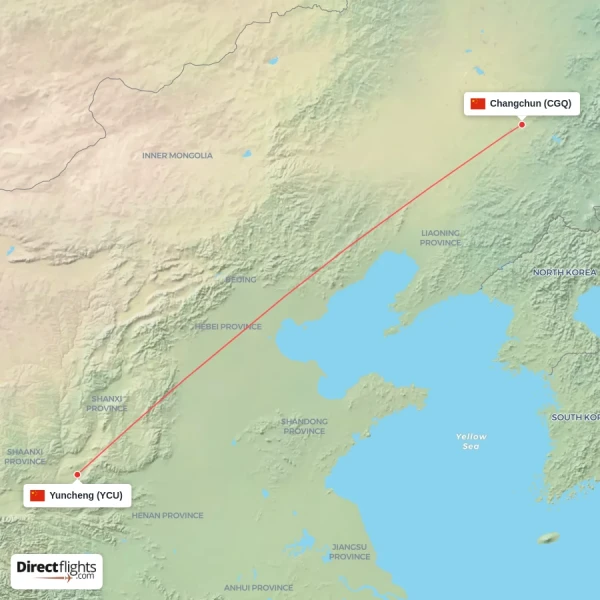 Yuncheng - Changchun direct flight map