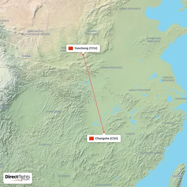 Yuncheng - Changsha direct flight map