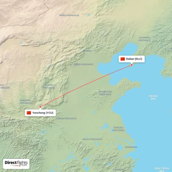 Yuncheng - Dalian direct flight map