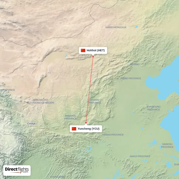 Yuncheng - Hohhot direct flight map