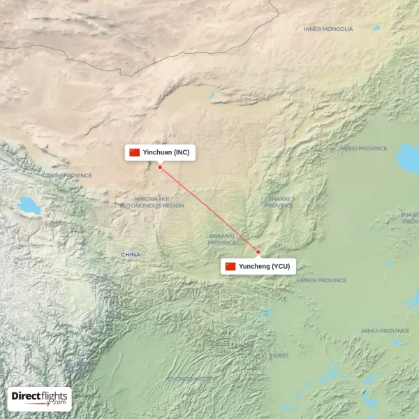 Yuncheng - Yinchuan direct flight map