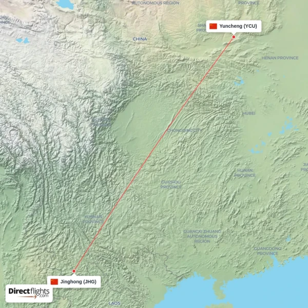 Yuncheng - Jinghong direct flight map